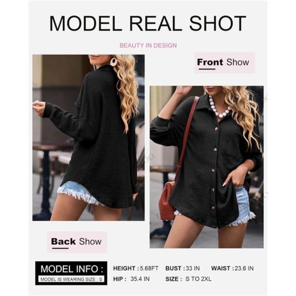 Womens Waffle Knit Shacket Jacket Long Sleeve Button Down Shirts - Picture 4 of 5
